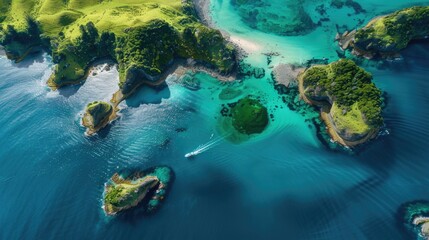 Bay of Islands Aerial View in Russell, New Zealand. Stunning Summer Holiday Destination