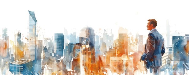 Businessman in suit overlooking city skyline in artistic watercolor style, representing urban vision, leadership, and modern aspirations.