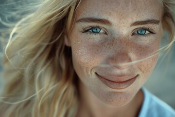 Close-up portrait of a woman with distinctive freckles on her face, ideal for beauty or lifestyle themes