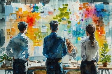 Business professionals brainstorm and strategize with colorful post-it notes on a large board, creating innovative ideas in a modern office setting.