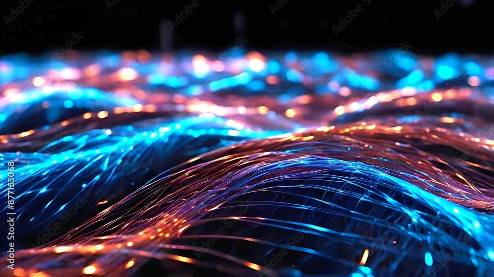 Poster Vivid abstract wallpaper of glowing waves of wires, network web 