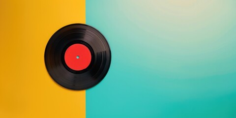 A vinyl record placed on a colorful blue and yellow background
