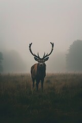  A deer stands in the open field, its antlers rising from its back, against a foggy sky in the background