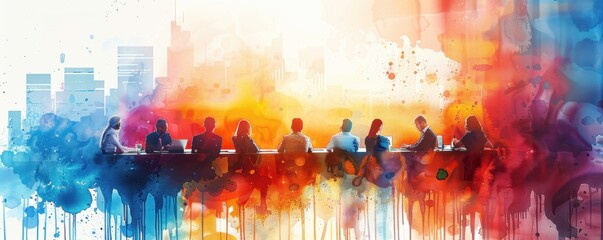 Vibrant, colorful business meeting with cityscape backdrop, merging professionalism with creativity, ideal for inspiring corporate visuals.