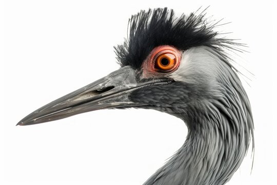 Close-up cropped portrait view of a blue crane (Grus paradisea) on a white background