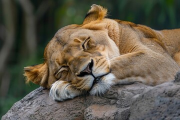Close-up front view of a lioness sleeping on a rock