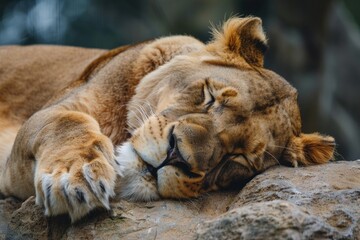 Close-up front view of a lioness sleeping on a rock