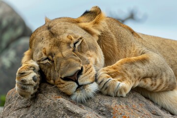 Close-up front view of a lioness sleeping on a rock