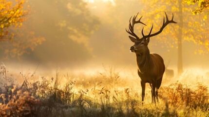  A deer stands in a field, trees line the background, fog softly obscures the air behind