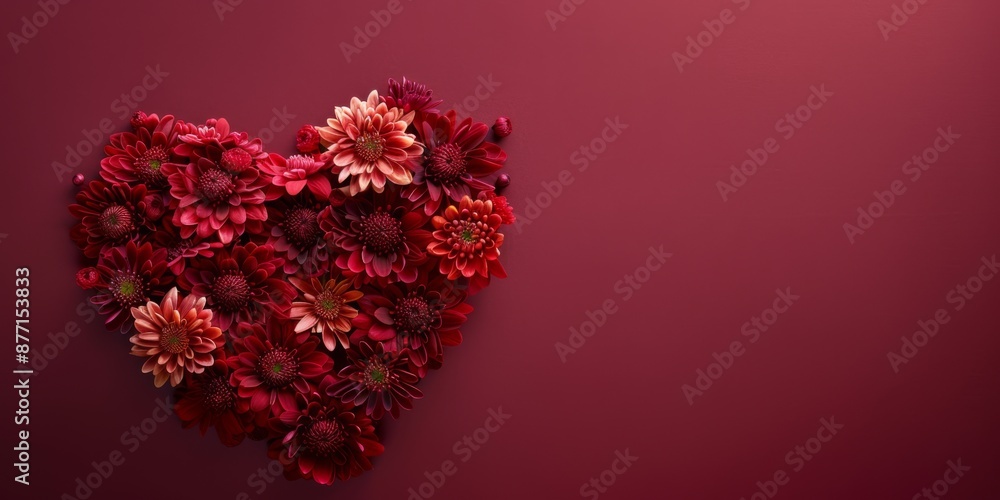 Aufkleber chrysanthemums arranged in heart shape on deep burgundy solid color background with copy space