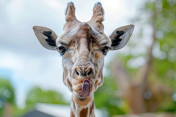 Close-up funny portrait of adult Rothschild Giraffe (Giraffa camelopardalis rothschildi) sticking out its tongue