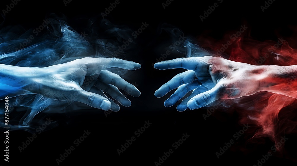 Poster two hands reaching out to each other but not touching, representing conflict and misunderstanding, s