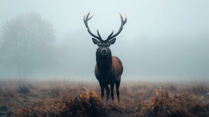 Fototapeta premium A deer stands in a foggy field, its antlered head prominent against the misty backdrop Antlers grace the foreground