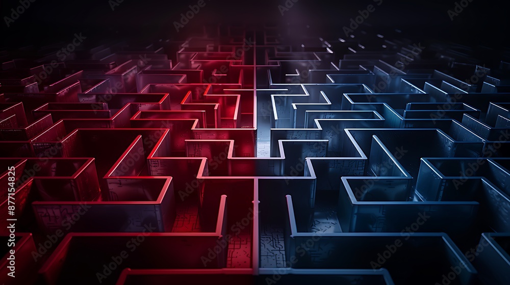 Poster a dual-colored maze with two starting points that never meet, symbolizing conflict and divergent pat