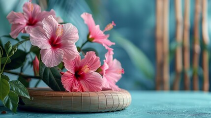 close up, round empty podium, with hibiscus flowers, a bamboo screen in background, against an aqua studio backdrop 