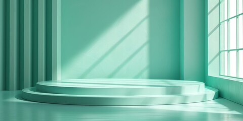 close up, small empty podium in a refreshing mint green studio backdrop