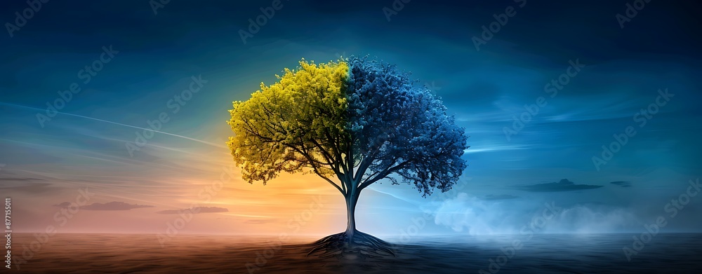 Poster a split tree with one side flourishing and the other side wilting, representing environmental confli