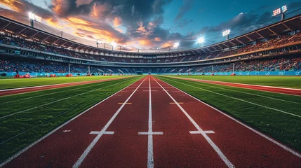 Selbstklebende Fototapeten Dramatic night view of an athletics track in a large stadium, capturing the excitement with vibrant colors and cheering fans.        © Alena