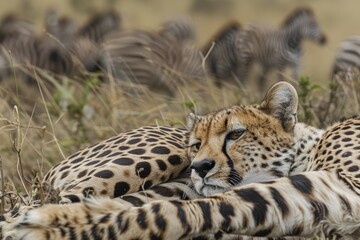 Close-up view of a cheetah (Acinonyx jubatus) lying down and licking it's paw in the African Side view of a small group of mountain zebra (Equus zebra) running in the African bush veld