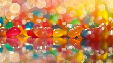 Colorful jelly candies sprinkled on a mirror background provide a sweet visual with plenty of space for your own design ideas.