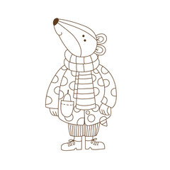 Cute dressed up badger line black and white coloring page vector illustration