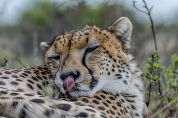 Obraz premium Close-up view of a cheetah (Acinonyx jubatus) lying down and licking it's paw in the African Side view of a small group of mountain zebra (Equus zebra) running in the African bush veld