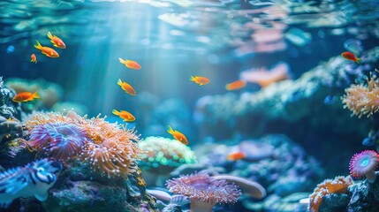 Vibrant underwater scene with colorful coral reefs and small fish swimming in clear blue waters, illuminated by sunlight from above.