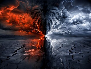 Two contrasting weather conditions (sunny and stormy) meeting at the center, symbolizing the conflict between opposing forces, designed with high clarity and dramatic effects. copy space for text,