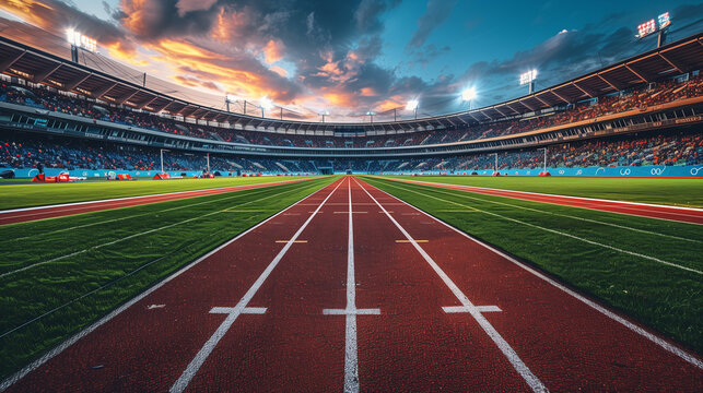 Dramatic night view of an athletics track in a large stadium, capturing the excitement with vibrant colors and cheering fans.







