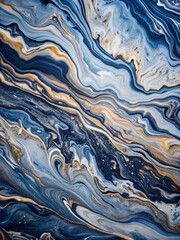 Fototapeta premium Abstract painting with swirling blue, white, and golden patterns, creating a dynamic and textured background with flowing lines.