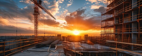 A Panoramic View of A Construction Site with Cranes and Buildings at Sunset.