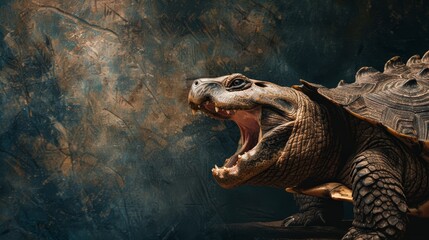  A close-up of a turtle with its mouth open widely