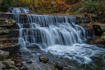 Obraz premium Tranquil waterfall flows over rocky ledges surrounded by vibrant autumn foliage