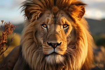 Naklejka premium Vertical selective focus of a magnificent lion in the desert, generative IA