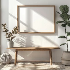 detail of thin chalked oak mock-up frame with blank artwork in landscape orientation on the wall in contemporary room during summer, mock-up frame