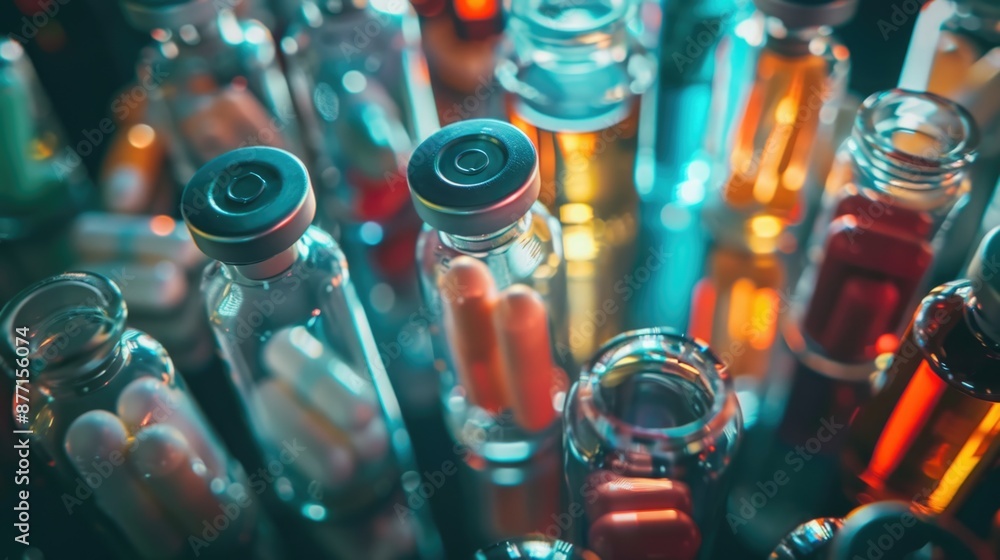 Poster assorted glass containers filled with liquids, varying in color and size