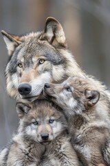 Fototapeta premium A cluster of wolves huddle in the snow, surrounded by a indistinct backdrop of trees and branches