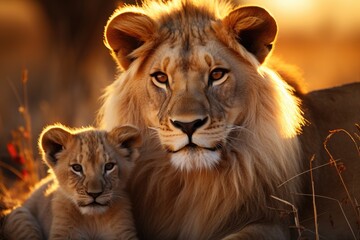 Fototapeta premium Lions Family in Savannah, generative IA