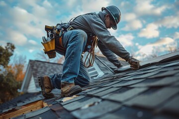 A professional roofer in safety gear, working on the roof of an apartment building under clear blue skies.