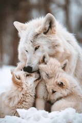 Obraz premium A trio of white wolves huddles closely in the snow, nestled before a wooded region blanketed with snow