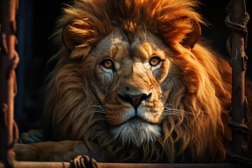 Beautiful lion in extinction in captivity in the wild African life behind the ba, generative IA