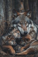 Fototapeta premium A mother wolf and her two puppies cuddle in a wooded area, nestled before a leafless tree