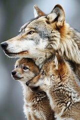 Obraz premium Two adult wolves and a younger one face the camera The older wolves gaze at the scene, while the young wolf looks directly into the lens