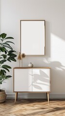 empty frame in room, white frame and plant on wall, light gray and gray style, anti-clutter, minimalist design