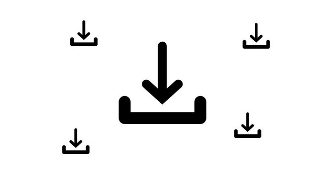Zoom in and out animation the download symbol. Large black symbol in the center and four small symbols around. Seamless looped 4k animation on white background