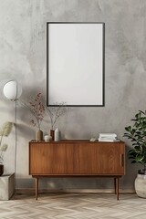 empty frame in room, white frame and plant on wall, light gray and gray style, anti-clutter, minimalist design