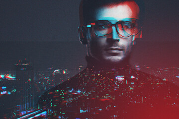 Double Exposure of Man and Cityscape at Night with Glitch Effects