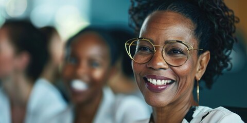 Fototapeta premium A happy woman wearing glasses smiles directly at the camera