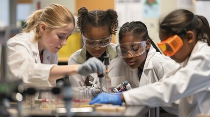 Students conducting a science experiment with various tools