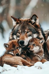 Fototapeta premium A group of wolves lies atop a snow-piled mound, adjacent to snow-covered ground